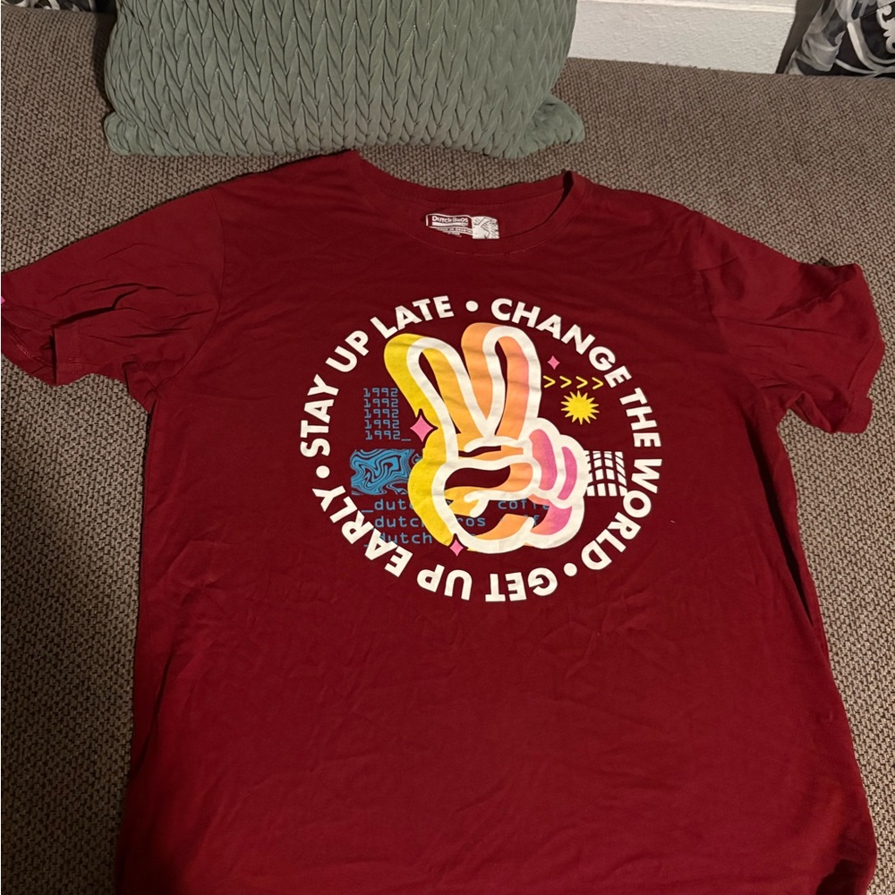 Dutch Bros Red Tee with Peace Sign Graphic